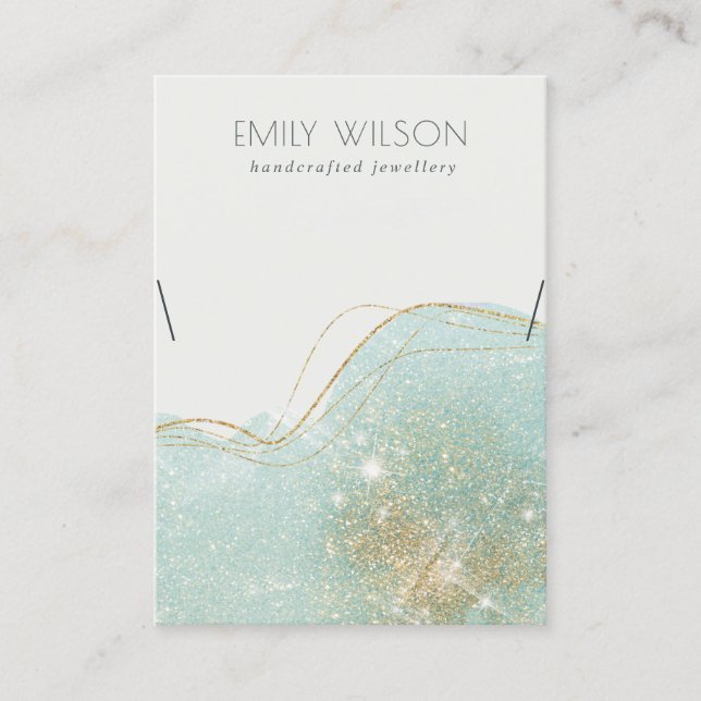 Abstract Teal Green Glitter Shiny Necklace Display Business Card (Front)