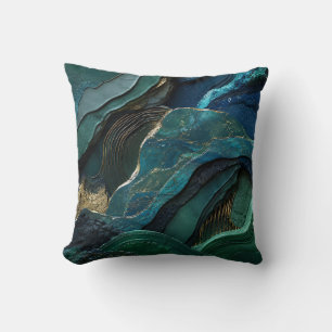 Abstract Teal Green Gold Marble Luxury Geological Throw Pillow