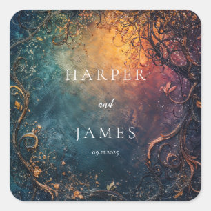 Abstract Teal Indigo Amber Gold Scrollwork Wedding Square Sticker