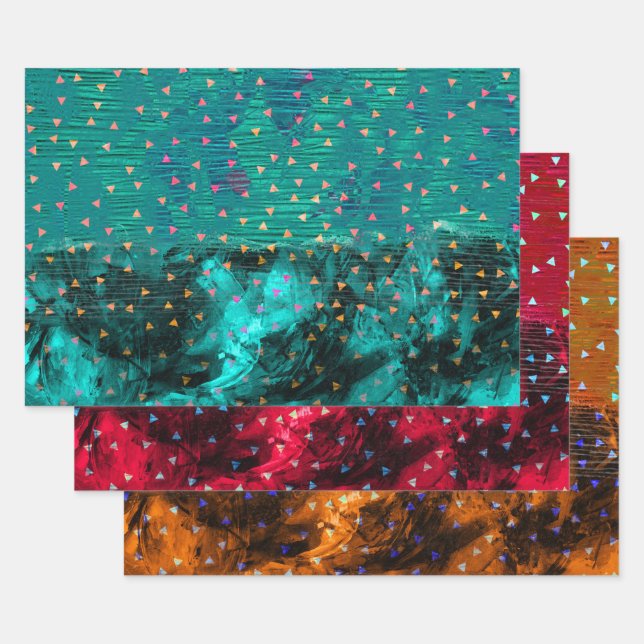 Abstract Teal Red Orange Confetti Christmas Wrapping Paper Sheet (Set)