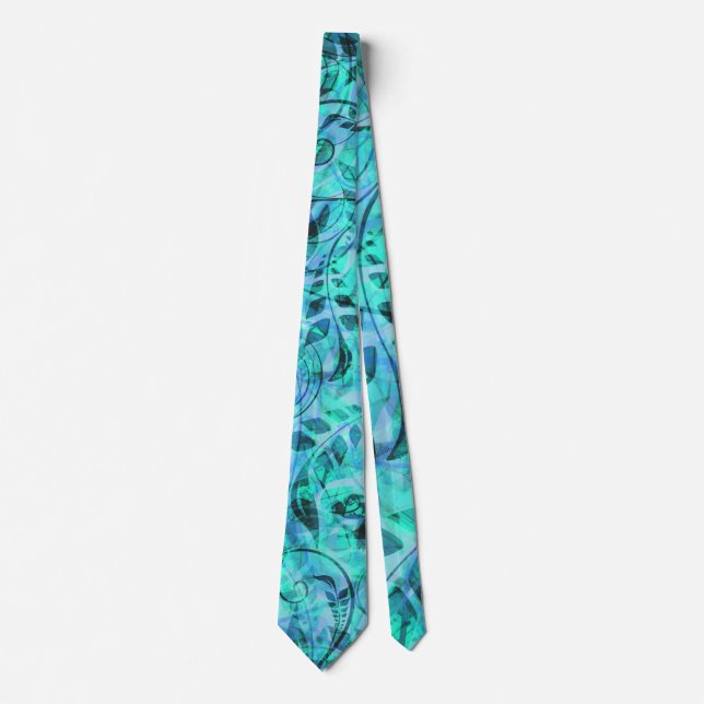 Abstract teal tie with leaves (Front)