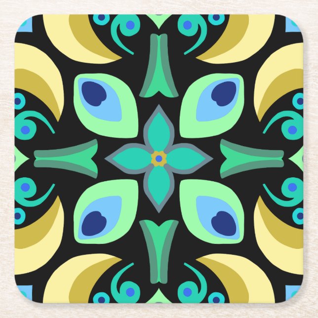 Abstract teal tile with black background  square paper coaster (Front)