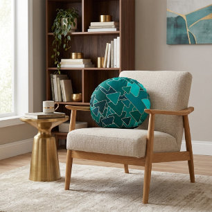 Abstract Teal Triangle Geometric Round Pillow