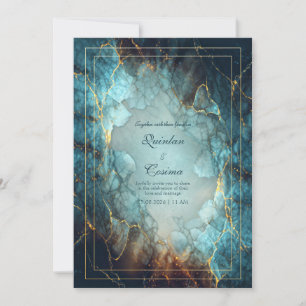 Abstract Teal Turquoise Gilded Geode Wedding Invitation