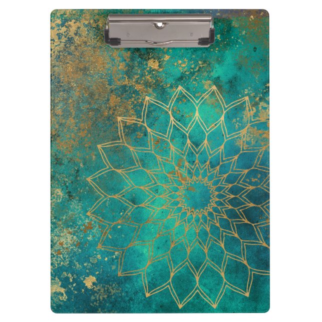 Abstract Teal Watercolor Gold Grunge Mandala Clipboard (Front)