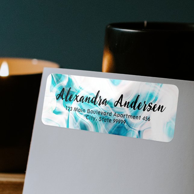 Abstract Teal White Liquid Paint Chic Script Label (Creator Uploaded)