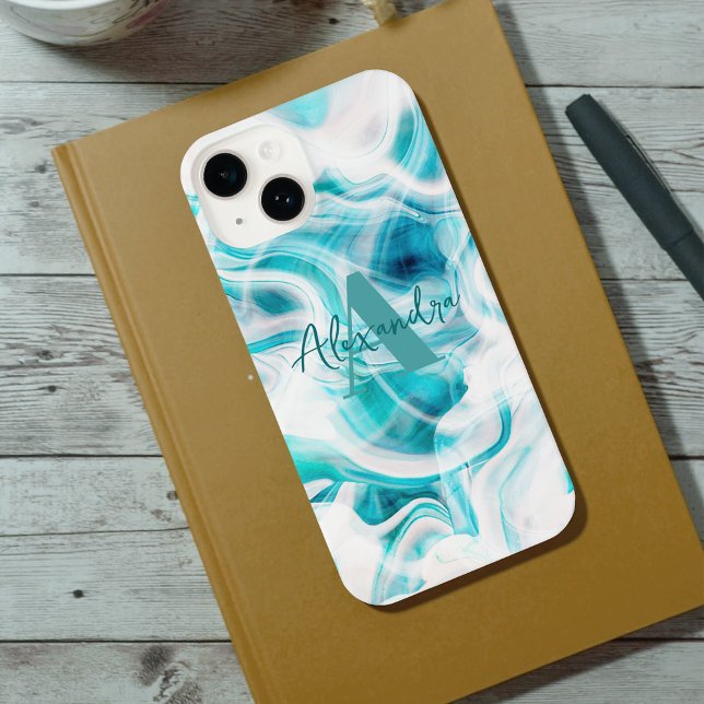 Abstract Teal White Liquid Paint Chic Script Name iPhone Case (Creator Uploaded)