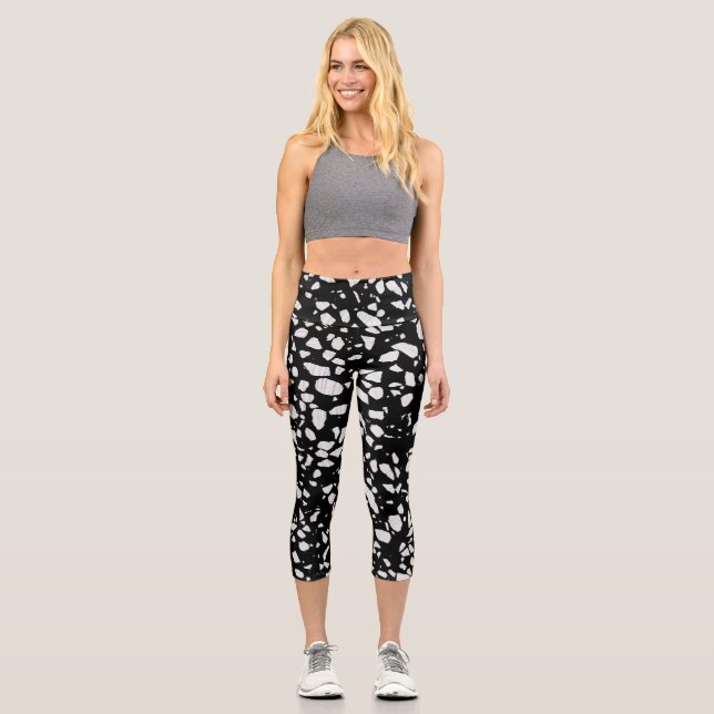 Abstract Terrazzo Mosaic Black and White Pattern   Capri Leggings (Front)