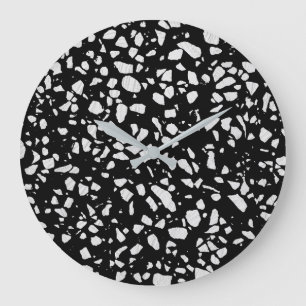 Abstract Terrazzo Mosaic Black and White Pattern  Large Clock
