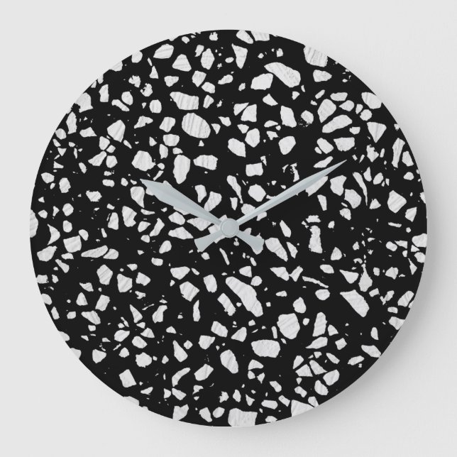 Abstract Terrazzo Mosaic Black and White Pattern  Large Clock (Front)