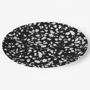 Abstract Terrazzo Mosaic Black and White Pattern Paper Plate