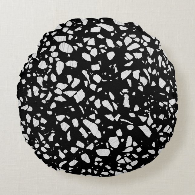 Abstract Terrazzo Mosaic Black and White Pattern Round Pillow (Front)