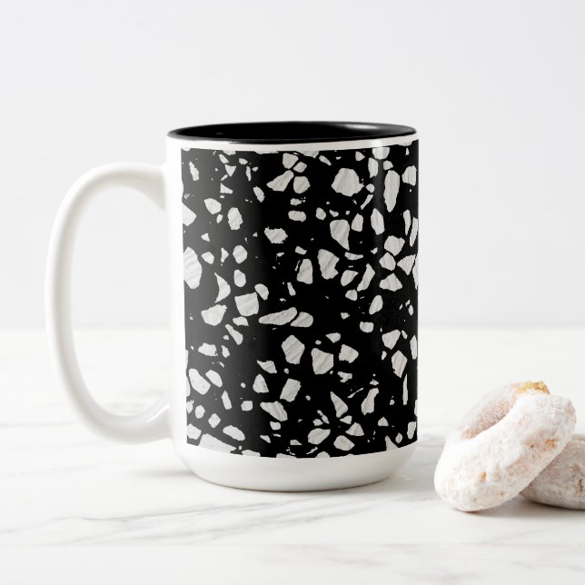Abstract Terrazzo Mosaic Black and White Pattern Two-Tone Coffee Mug (With Donut)
