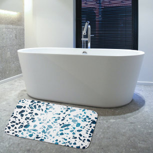Abstract Terrazzo Mosaic Navy & Light Blue Pattern Bath Mat