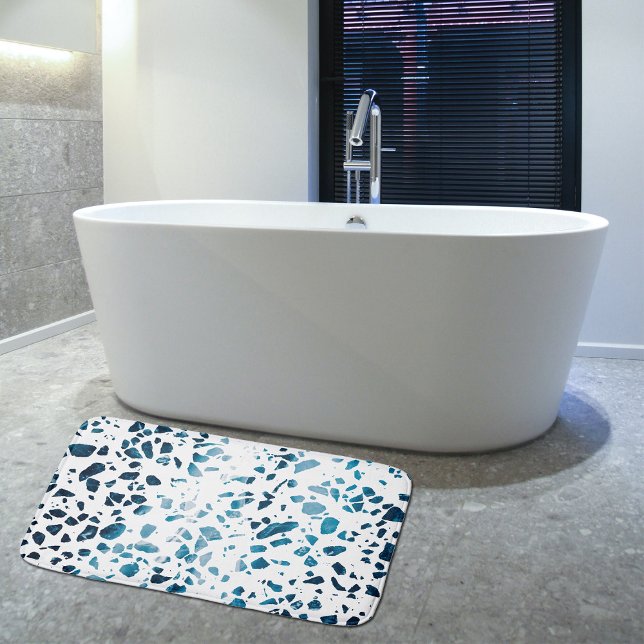 Abstract Terrazzo Mosaic Navy & Light Blue Pattern Bath Mat (Creator Uploaded)