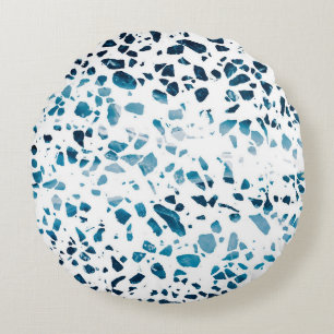 Abstract Terrazzo Mosaic Navy & Light Blue Pattern Round Pillow