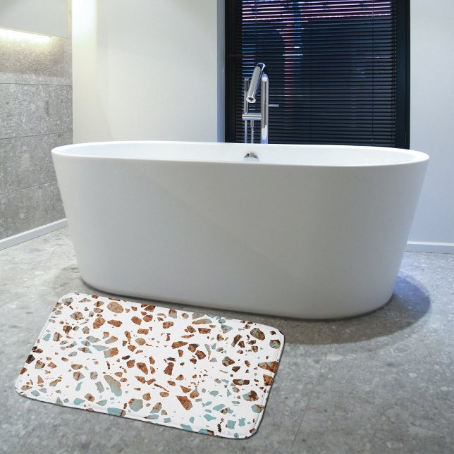 Abstract Terrazzo Mosaic Rust Brown & Blue Pattern Bath Mat (Creator Uploaded)
