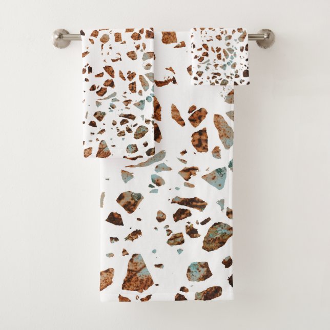 Abstract Terrazzo Mosaic Rust Brown & Blue Pattern Bath Towel Set (Insitu)