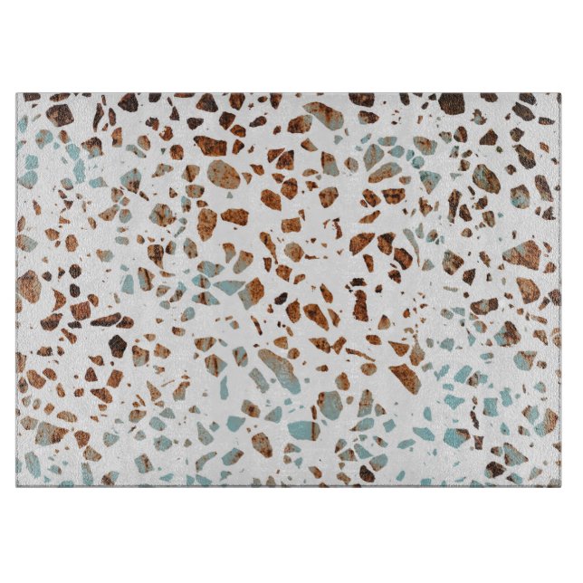Abstract Terrazzo Mosaic Rust Brown & Blue Pattern Cutting Board (Front)