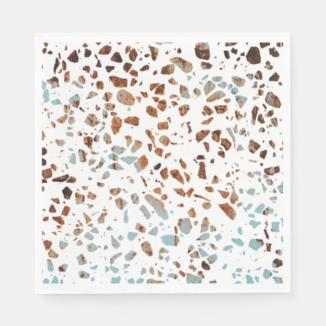 Abstract Terrazzo Mosaic Rust Brown & Blue Pattern Napkin (Front)