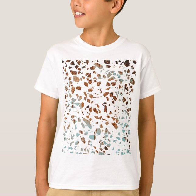 Abstract Terrazzo Mosaic Rust Brown & Blue Pattern T-Shirt (Front)