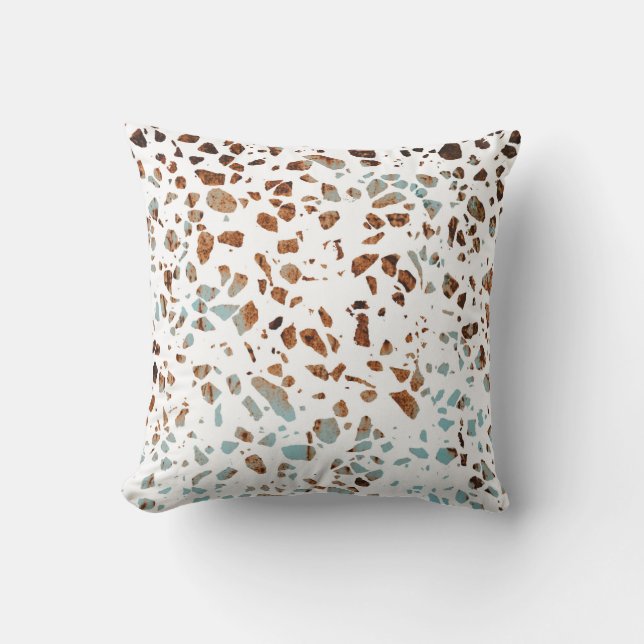 Abstract Terrazzo Mosaic Rust Brown & Blue Pattern Throw Pillow (Front)