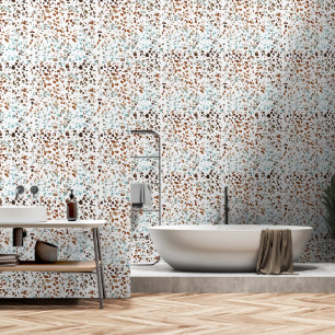 Abstract Terrazzo Mosaic Rust Brown & Blue Pattern Wallpaper