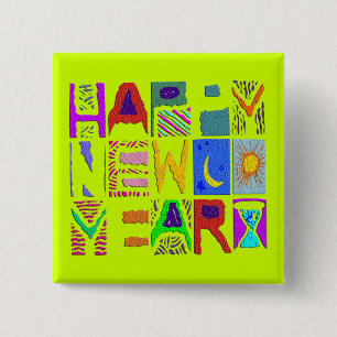 Abstract Text Design "Happy New Year" 2 Inch Square Button
