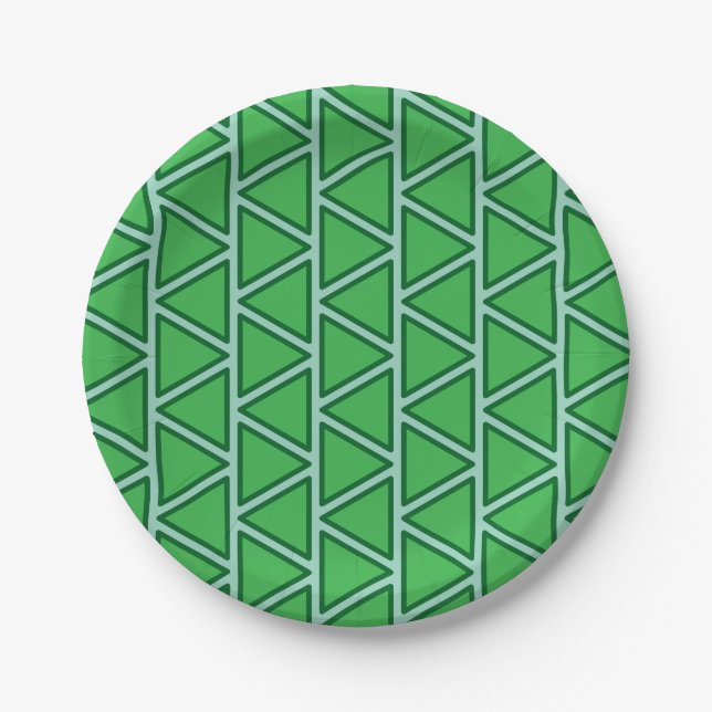 Abstract Three Tone Green Triangle Pattern Paper Plate (Front)