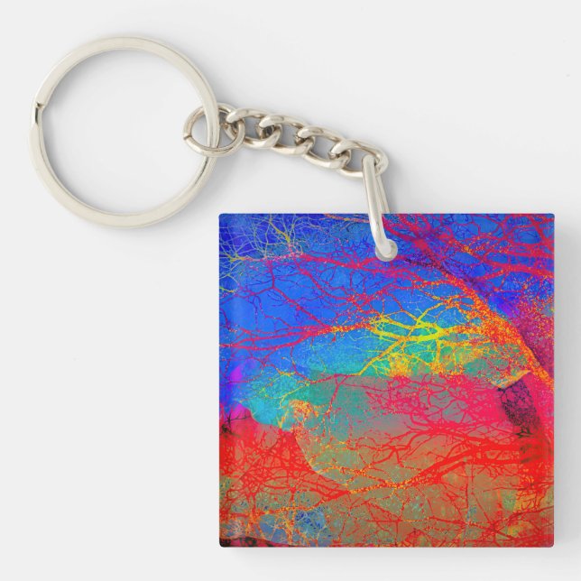 Abstract Tree Design in Red And Blue Keychain (Front)