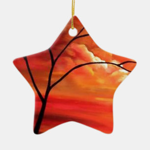 Abstract Tree & Red Sunset Ceramic Ornament