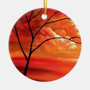 Abstract Tree & Red Sunset Ceramic Ornament