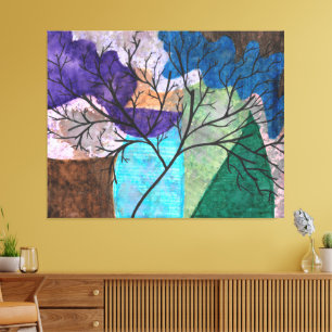 Abstract Tree Silhouette on Colourful Watercolor Canvas Print