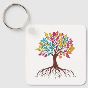 Abstract tree with roots and colourful leaves. keychain