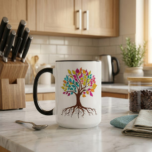 Abstract tree with roots and colourful leaves. mug