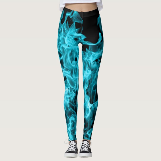 Abstract Trendy Modern On Fire Aqua Flames Leggings (Front)