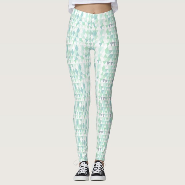 Abstract Triangle Mint Green Aqua Grey Pattern Leggings (Front)