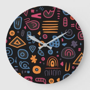 Abstract Tribal Doodle Neon Geometric Black Large Clock