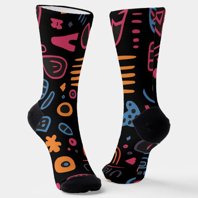 Abstract Tribal Doodle Neon Geometric Black Socks (Angled)