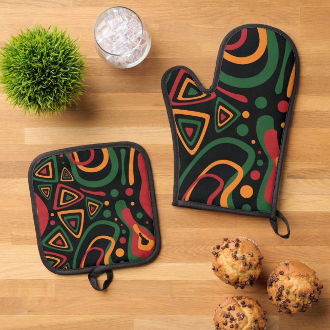 Abstract Tribal Shapes Pattern in Red, Gold, Green Oven Mitt & Pot Holder Set (Top Down)