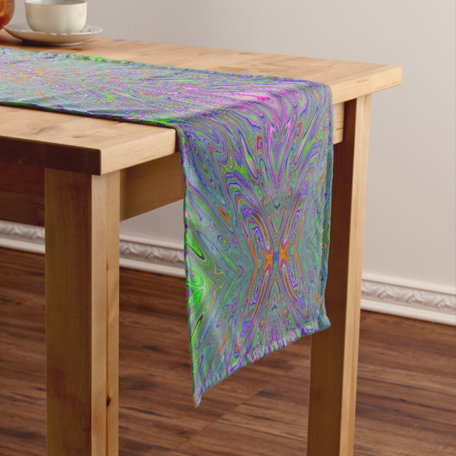 Abstract Trippy Purple, Orange and Green Butterfly Short Table Runner (In Situ)