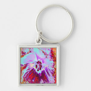 Abstract Tropical Aqua and Purple Hibiscus Flower Keychain
