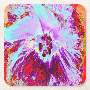 Abstract Tropical Aqua and Purple Hibiscus Flower Square Paper Coaster
