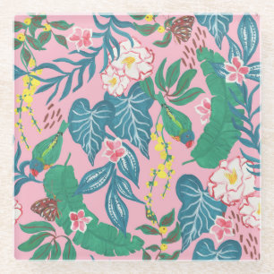 Abstract tropical flowers, guache painting pattern glass coaster