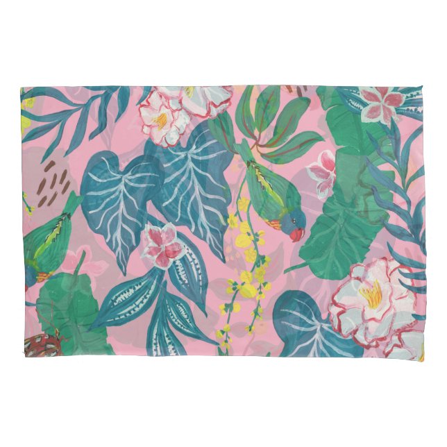 Abstract tropical flowers, guache painting pattern pillowcase (Front)