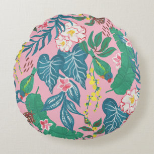 Abstract tropical flowers, guache painting pattern round pillow