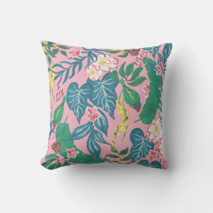 Abstract tropical flowers, guache painting pattern throw pillow