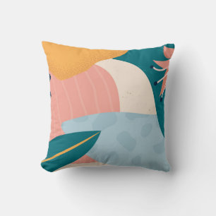Abstract Tropical Leaf Modern Art Coral Teal Grey Throw Pillow