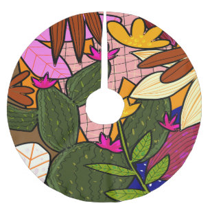 Abstract tropical leaves and flowers brushed polyester tree skirt