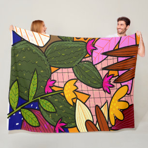 Abstract tropical leaves and flowers fleece blanket